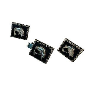 Mens Vintage Mariner Cufflinks & Tie Clip Set Black Silver Fish Nautical
